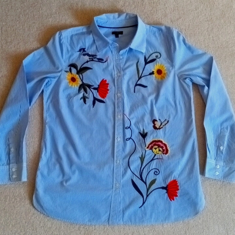 Woman's Med Talbots Embroidered Blouse Blue and White Stripe